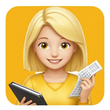 Девушка со светлыми волосами весёлая красивом костюме жёлтом сидит и планирует свое будущее  sticker