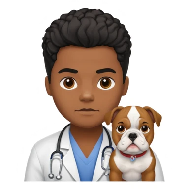 joven médico con el pelo un poco largo pero no tanto y lacio, que tenga un estetoscopio de color de piel tez negra calida !!! que sostiene un bulldog francés blanco sticker