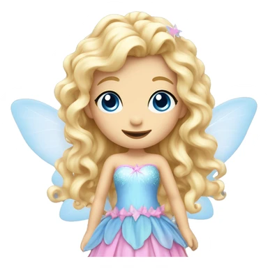 Fairy, a blonde hair with blue eyes and a pink dress with sparkly wings. White wings. The fairy has long, curly hair with a lot of volume sticker