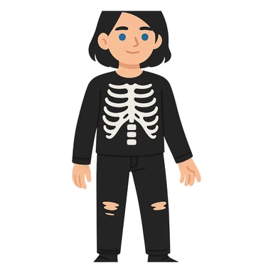 flat toon style black-haired, blue-eyed person wearing a black skeleton top and ripped black jeans sticker