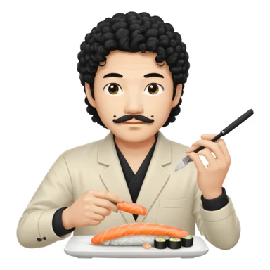 un coreano che taglia sushi con i baffetti capelli ricci e lunghi  neri con un IQOS in mano  sticker