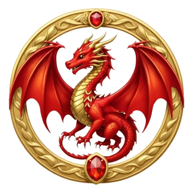 Golden Dragon with wings crest/brosch in a circle with red gems sticker