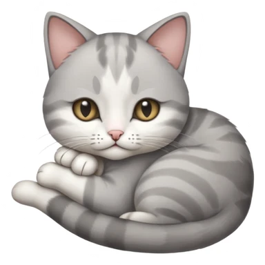 1 grey and white small cat with its eyes closed lying down leaning on its elbow with its paw curled under his head holding it up sticker