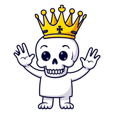 shocked skull with crown, hands raised to head in disbelief, black and white sticker