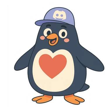 large penguin with a hat featuring the Discord logo and a large heart on chest sticker