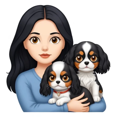 woman with long black hair holding an American Shorthair cat and a Cavalier King Charles Spaniel dog sticker