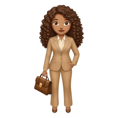 dark brown smiling woman with medium brown long curly hair with middle part and an executive tan pant suit  sticker
