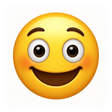 Create a yellow smiley face emoji with a similar facial expression to the reference image. It should have wide eyes, raised eyebrows, a big smile, and a shiny, smooth appearance. Add a slight blush to the cheeks. The style should resemble the iOS emoji style. sticker