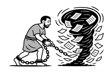 Используя такую стилистику сгенерируй героя в образе раба, закованного в кандалы и цепи идут в огромный ураган из бумаги, который символизирует бумажную рутину, прозрачный фон sticker