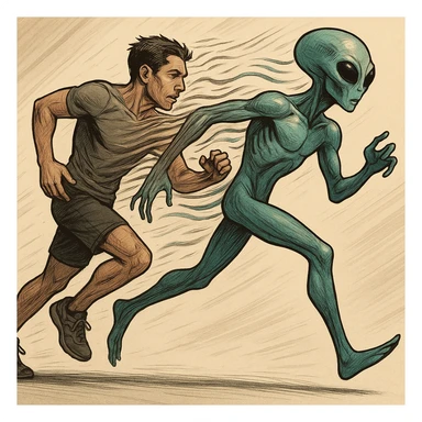 a human transforming into a running alien, dynamic motion, mid-morph, energetic, clear transition from human to alien sticker