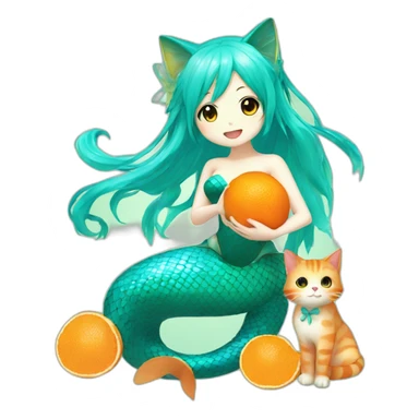 hatsune miku as a mermaid holding an orange cat sticker