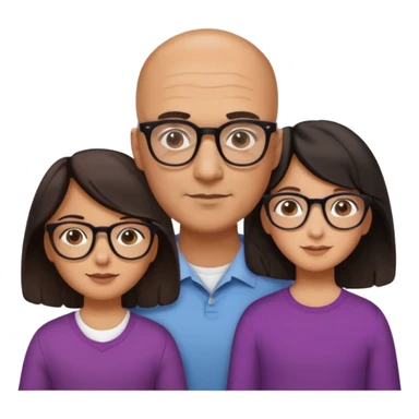 Papà calvo con occhiali, mamma capelli neri occhi marroni no occhiali, figlia capelli marroni mossi e occhiali tartarugati con montatura spessa occhi marroni, figlia capelli lisci marroni occhiali neri con montatura grande e fina occhi marroni  sticker