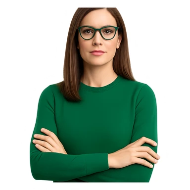businesswoman CEO wearing an emerald green sweater, medium straight brown hair, emerald green glasses, leadership presence sticker