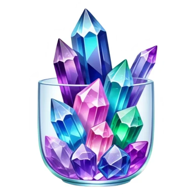 Close-up of vibrant, multicolored crystals growing in a glass container on a wooden table. Crystals in shades of purple, blue, green, pink, and clear are forming in various shapes and sizes. Soft light shines on them. Cozy indoor setting with plants and soft decor in the background. sticker