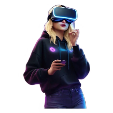 Russian blondy girl celebrating her birthday wearing a black hoodie and VR headset in a cyberpunk VR environment with violet neon lighting sticker