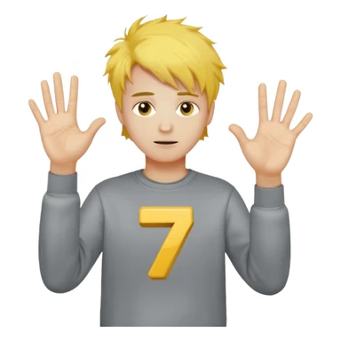 Make a guy in a grey sweatshirt and yellow messy hair hold his hands out one hand holding 6 the other holding 7 sticker