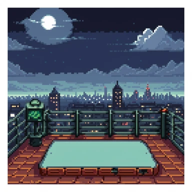 Pixel art rooftop at night, helipad, fence, distant city lights, glowing billboard, cloudy sky, 9:16 vertical scene, side view, retro 2D fighting game background
 sticker