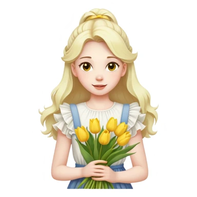  A girl with a half-up half-down hairstyle, and a white ruffled top, enjoying the spring breeze.Holding a bundle of yellow tulips sticker