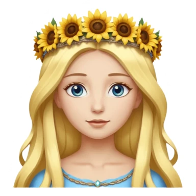 portrait woman long blonde hair blue eyes white skin wearing sunflower halo crown sticker