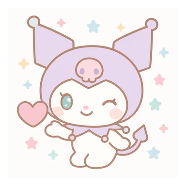 Kuromi character winking and presenting a heart, kawaii style, heart floating beside face sticker