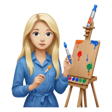 female artist, 20 years old, blonde with long hair, blue eyes, beautiful, confident, thin. In the hands of paints, she is near the easel, 20th century sticker
