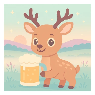 CERVID stag deer with big anime cartoon eyes, cute, in a Scottish meadow at sunrise with mist, holding a massive beer mug sticker