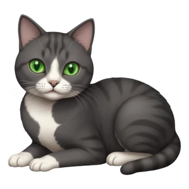 beautiful female solid dark grey cat with green eyes, white toes/paws and white patch on her chest rolling over sticker