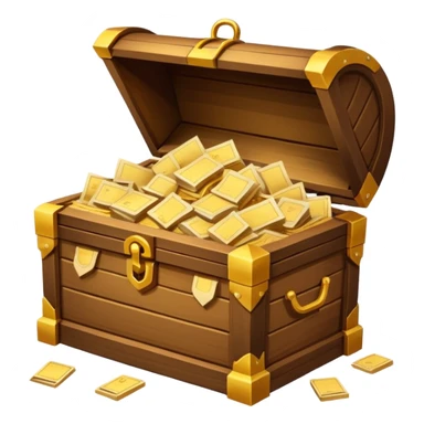 Glowing treasure chest overflowing with paper documents, sparkles, minimal style sticker
