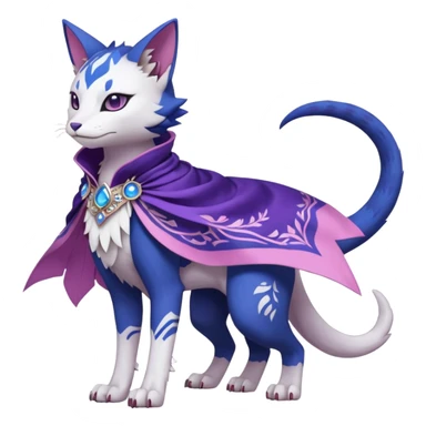 Kawaii white, indigo, purple, pink cute beautiful pretty elegant divine edgy feline-vernid-sergal-Fakémon-Pokémon-Digimon-fursona-animal-creature, full body, with intricate detailed markings, Embroidered capelet, silken shawl sticker