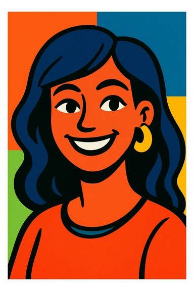 smiling woman, vibrant cartoon style sticker