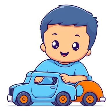 cute toddler boy with pastel blue clothes playing with a blue toy car sticker