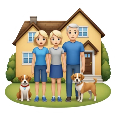 a mom and dad standing in front of a house with their son and a dog next to them sticker