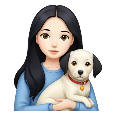 A beautiful girl with long black hair and fair skin is holding a white Labrador sticker