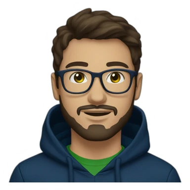 guy 26y.o., white glasses, with a little beard, dark brown hair, dark green eyes in dark blue hoody sticker