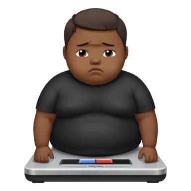 sad fat young boy in black t shirt on weight scale crying because sadness sticker