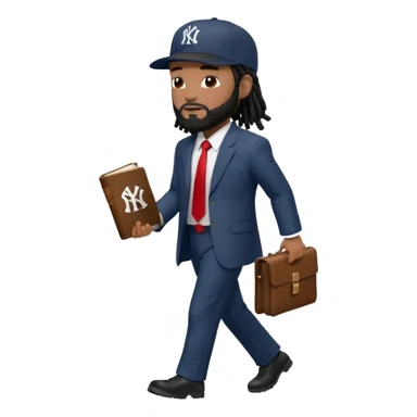 African American man with shoulder length black dreadlocks with black beard wearing a New York Yankees logo baseball cap wearing a suit with red tie walking to the right holding a bible sticker