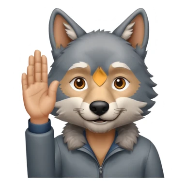  A real wolf waving his hand while he's standing but he's hand loks like a wolf's hand and looks like a grandpa sticker