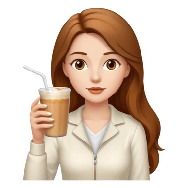 white long haired brunette with brown eyes and a white outfit, drinking a caramel machiatto sticker