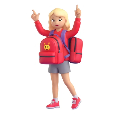 young girl with red backpack, left hand pointing up to the left, emoji style, simple background sticker