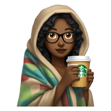 black hair girl with glasses inside a blanket sipping starbucks coffee sticker