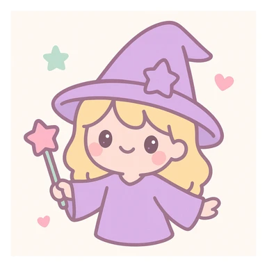 sweet wizard girl, blonde hair, purple wizard hat, enchanting and playful, cute and whimsical sticker