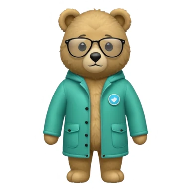 Quiero un emoji que sea un osito como de osito de peluche pero que tengo un abrigo de esos súper cool que son nuevos ahorita que sea verde así azul verdoso que sea superdoso y que sea y que tenga lentes de sol negros y con los bracitos del osito dentro del abrigo sticker