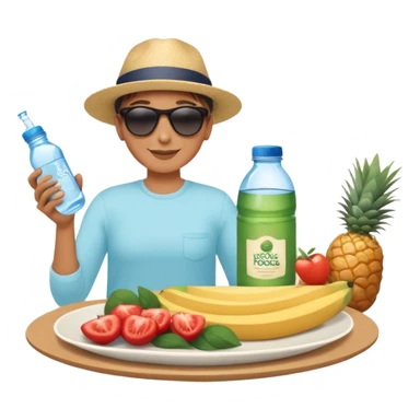 A person under the sun, with a plate of whole foods, water bottle, and glowing bed behind them. Nearby, smiling friends gather—symbolizing balance, healing, and connection through simple daily rituals. sticker