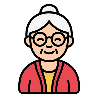 elderly smiling granny who looks like a librarian, glasses, neat hair bun, cardigan sticker