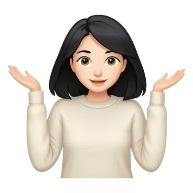 A woman with longer black hair, light to medium skin tone, full cheeks, and almond-shaped eyes, wearing a simple white sweater, joyful and radiant expression, cheerful. sticker