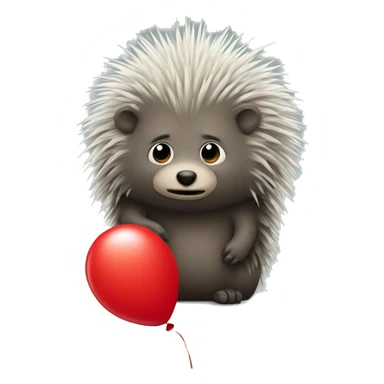 Small sad porcupine holding a big red balloon sticker