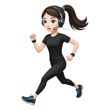 A girl with fair skin and a caring blush. Her eyes are big, expressive, blue. Her hair is long, straight, dark brown. 

 in a ponytail 


with black leggings and black tight shirt running with headphones sticker