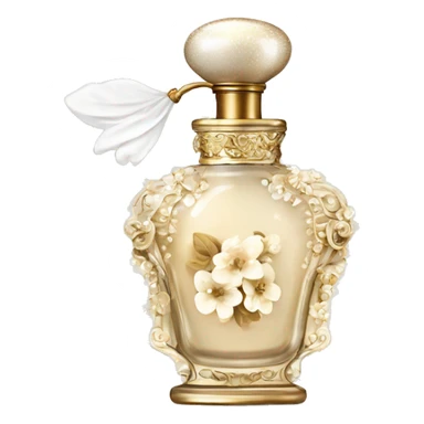Vintage perfume bottle in antique Greek style, white and beige, oil perfume inside, sequins and flowers fluttering around sticker