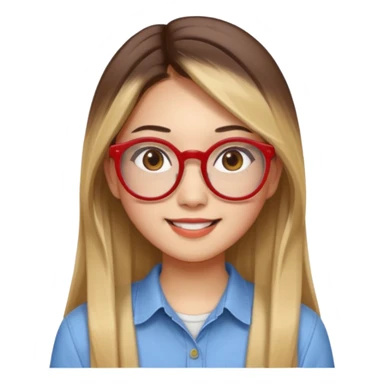 20 yr old asian woman, straight thick long brown hair, blond at ends of hair, center part to hair, big red glasses, brown eyes, casual shirt sticker