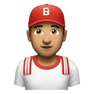 Man, male, young from about 30 to 40 years old, of Latin descent, with a t-shirt composed of red and white sticks vertically and a red cap sticker